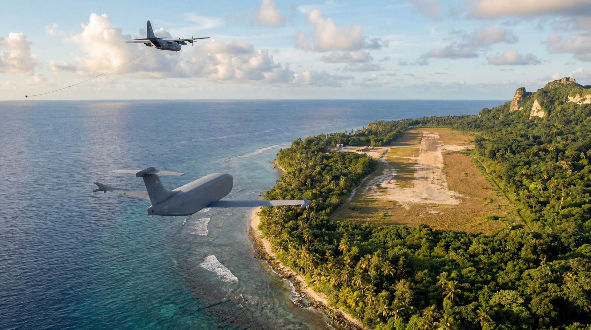 C-130 towing a cargo glider approaching an austere island runway